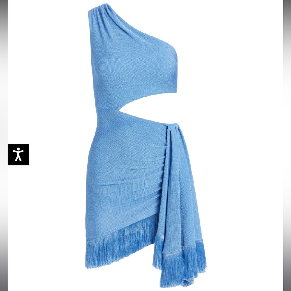 PatBO One-Shoulder Cutout Mini Dress in Sky Blue with Fringe